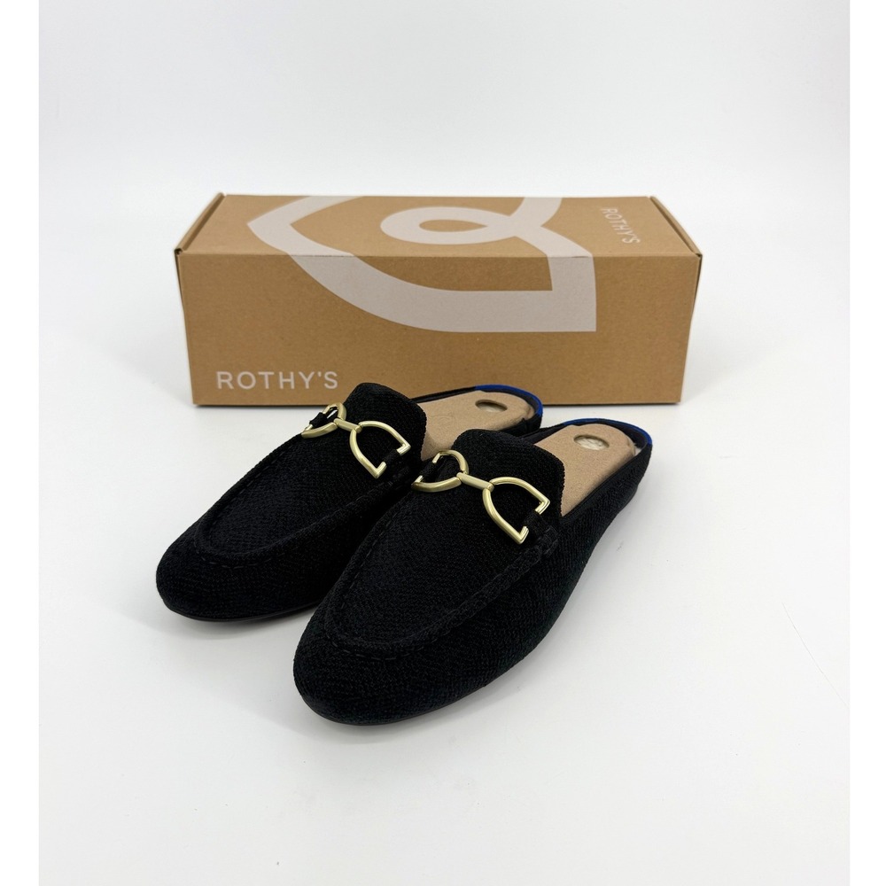 NEW Rothys The ReVelvet Cozy Bit Loafer Mule Black Gold Hardware Wmn 6.5 Slip On
